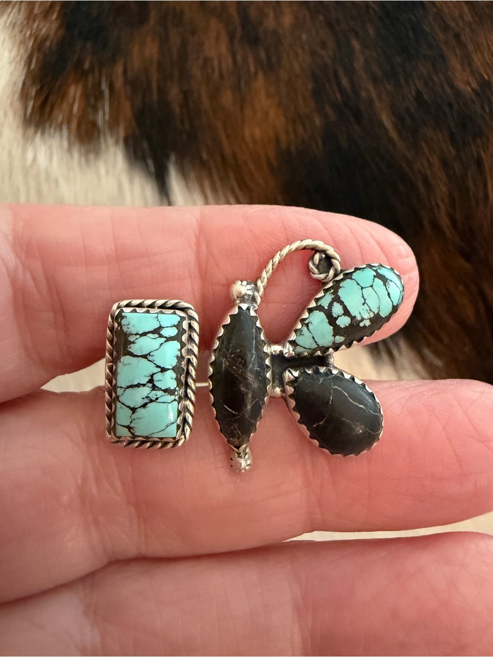 ❤️ Rare Blue Moon Butterfly Turquoise Sterling 925 Floater Ring Adjustable 7.5+